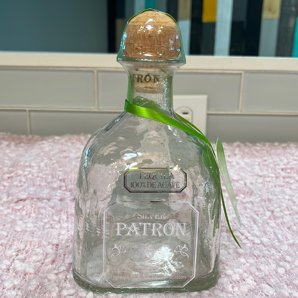 Empty sealed Patron liquor bottle. Patron Silver Display bottle for bar